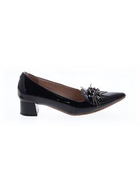 Black Patent Low Block Heel Pointed Toe Pumps with Decorative Accent